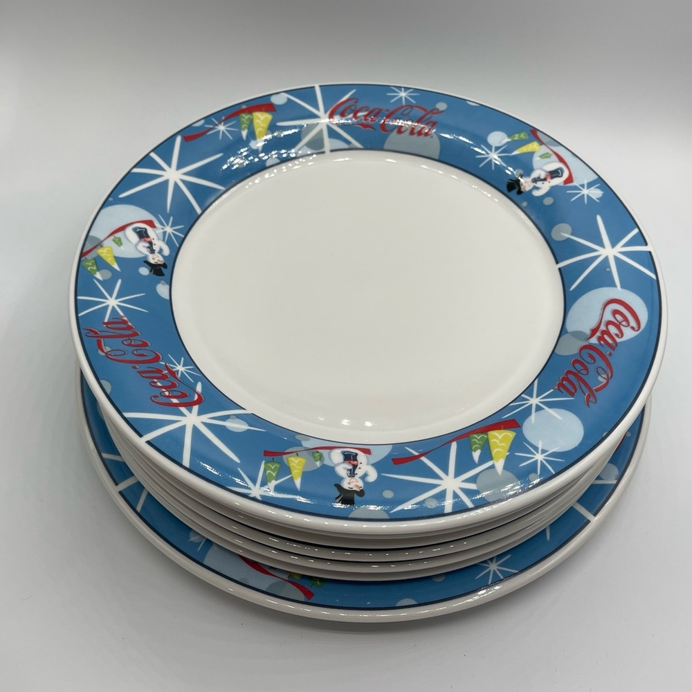 Set of 6 Vintage Coca-Cola Laughing Snowman  Dinner Plates Holiday Stoneware
